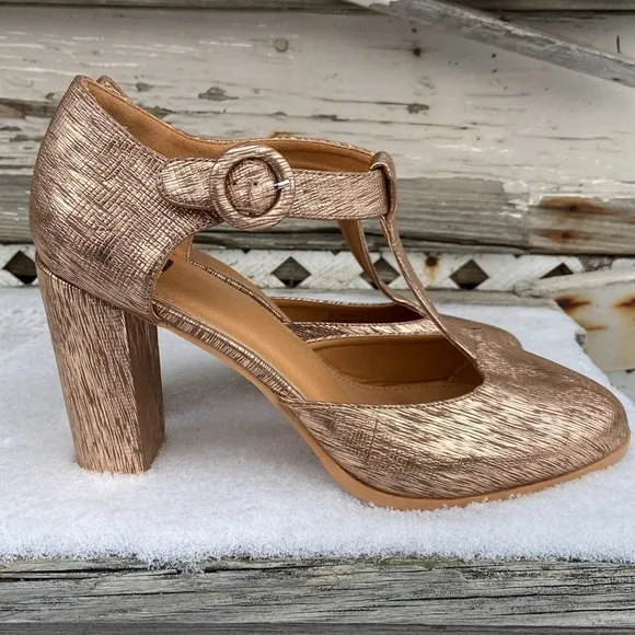 N.Y.L.A. Olysing Metallic Rose Gold T-Strap Block Heel Shoes Women's Size 11