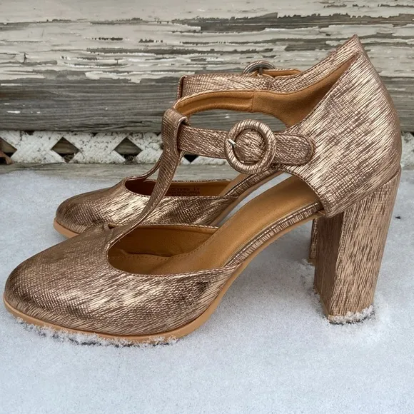 N.Y.L.A. Olysing Metallic Rose Gold T-Strap Block Heel Shoes Women's Size 11