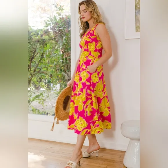 ODDI Full Size Floral Smocked Ruffled Midi Dress