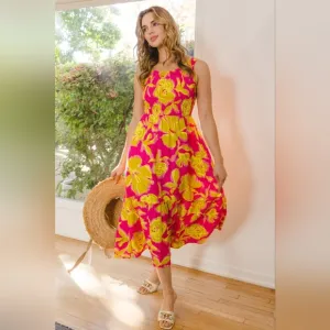 ODDI Full Size Floral Smocked Ruffled Midi Dress