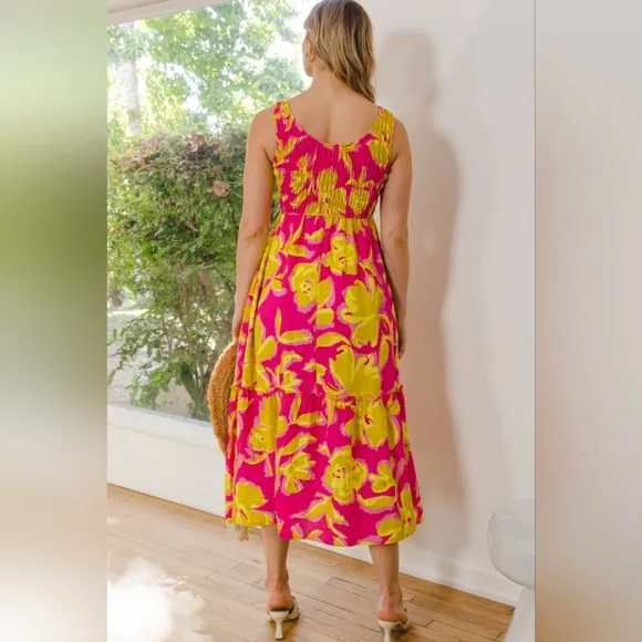 ODDI Full Size Floral Smocked Ruffled Midi Dress