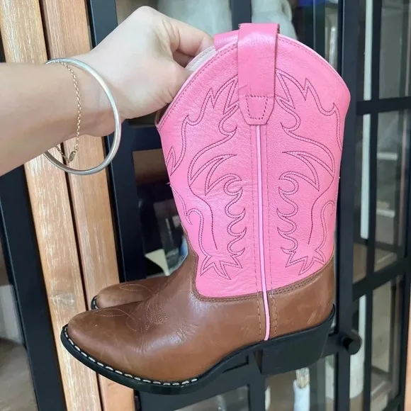 Old West girls cowboy Cowgirl boots western leather embroidered brown pink rodeo