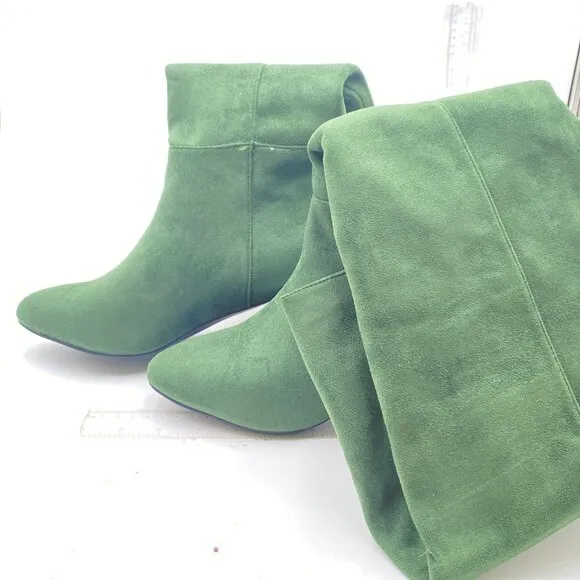 Olive Suede Women Comfortable Calf Knee Boots Stretch Pull On Closed Toe Booties