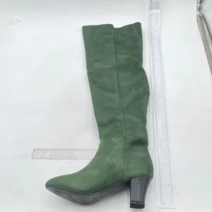 Olive Suede Women Comfortable Calf Knee Boots Stretch Pull On Closed Toe Booties