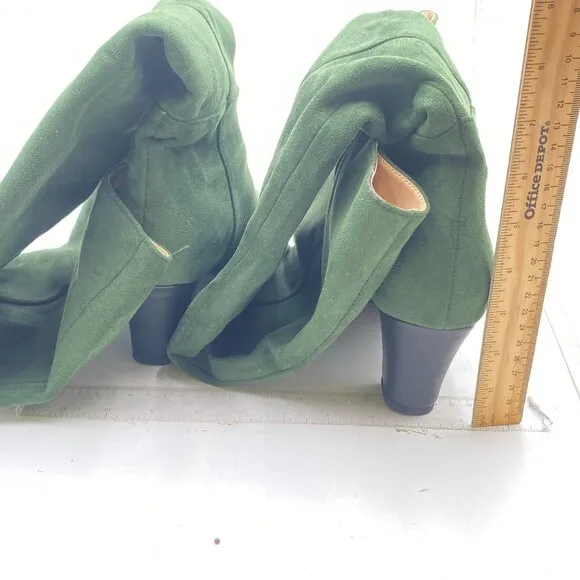 Olive Suede Women Comfortable Calf Knee Boots Stretch Pull On Closed Toe Booties