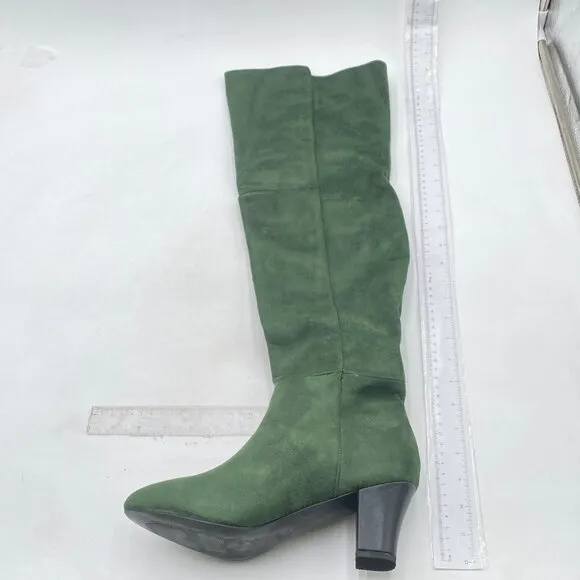 Olive Suede Women Comfortable Calf Knee Boots Stretch Pull On Closed Toe Booties
