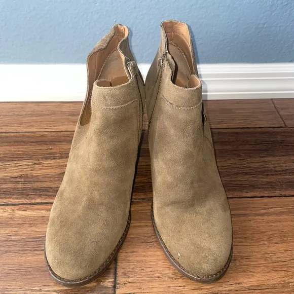 Olive taupe suede leather booties ankle boots heels
