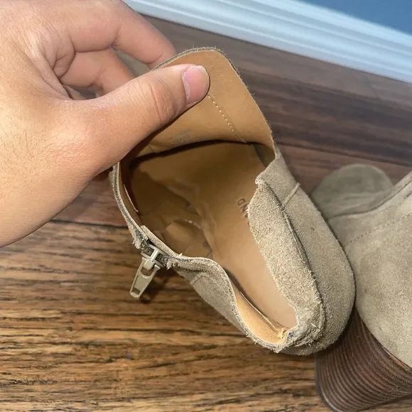 Olive taupe suede leather booties ankle boots heels