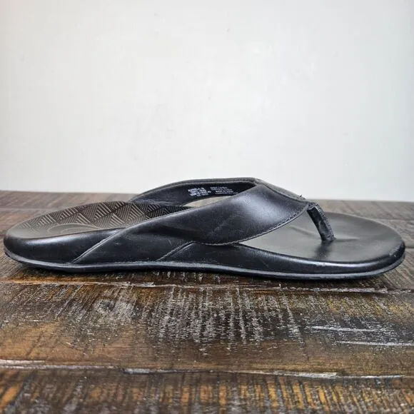 OluKai Auinala Mens Size 10 Beach Flip Flops Sandals Premium Leather Black