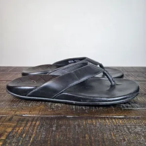OluKai Auinala Mens Size 10 Beach Flip Flops Sandals Premium Leather Black
