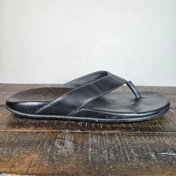 OluKai Auinala Mens Size 10 Beach Flip Flops Sandals Premium Leather Black
