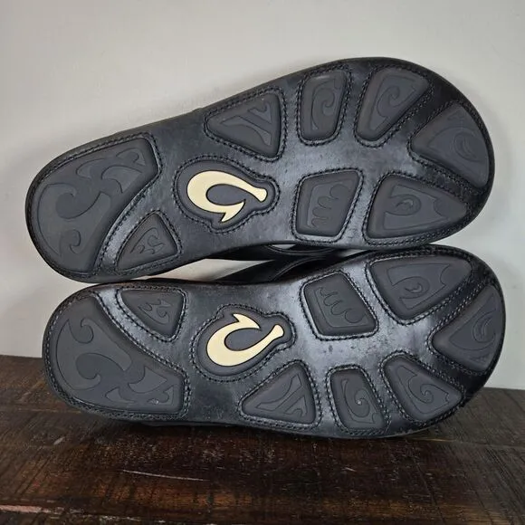 OluKai Auinala Mens Size 10 Beach Flip Flops Sandals Premium Leather Black