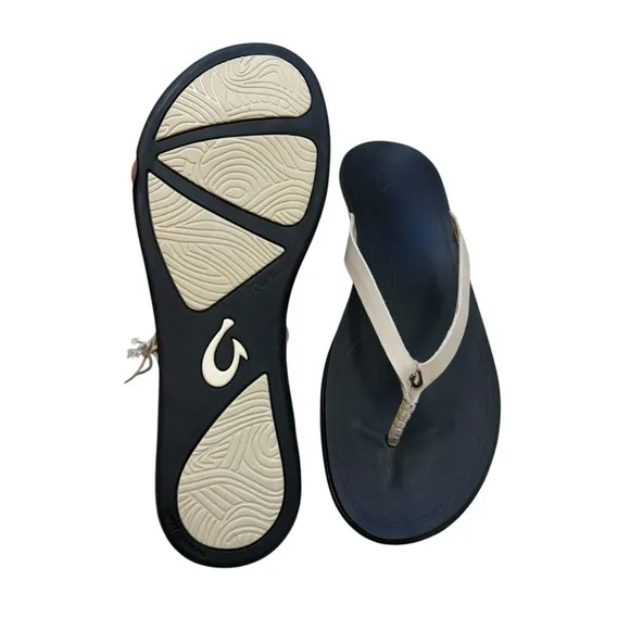 OluKai Ho'Opio Toe Post Sandals Leather Flip Flops Tapa/Black NWT Size 11