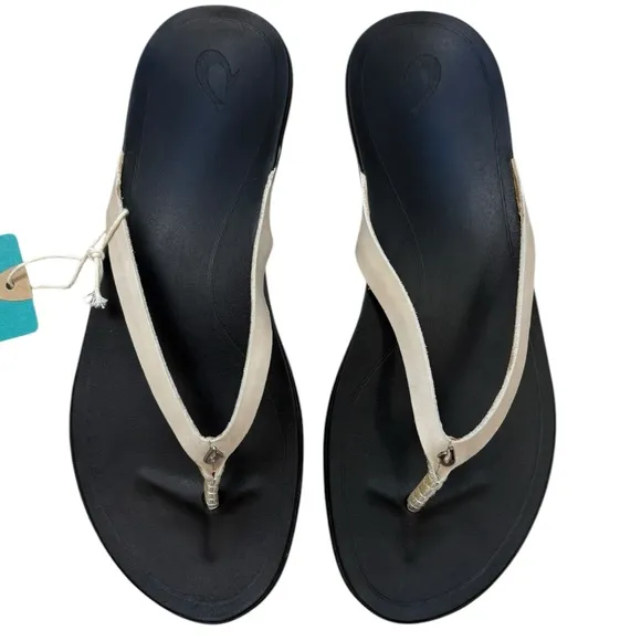 OluKai Ho'Opio Toe Post Sandals Leather Flip Flops Tapa/Black NWT Size 11