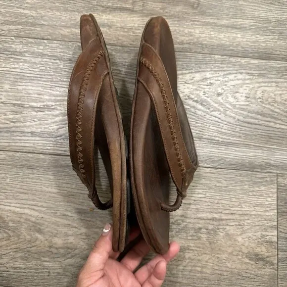 OluKai Mea Ola Brown Leather Embroidered Sandals Flip Flops Comfort Mens Size 13