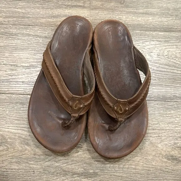 OluKai Mea Ola Brown Leather Embroidered Sandals Flip Flops Comfort Mens Size 13