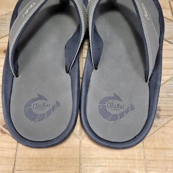 🔥 OluKai Ohana Sandals Men 9 M Brown Black Flip Flop Slides Fish Slippers Thong