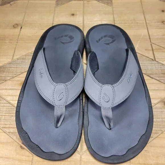 🔥 OluKai Ohana Sandals Men 9 M Gray Black Flip Flop Slides Fish Slippers Thong