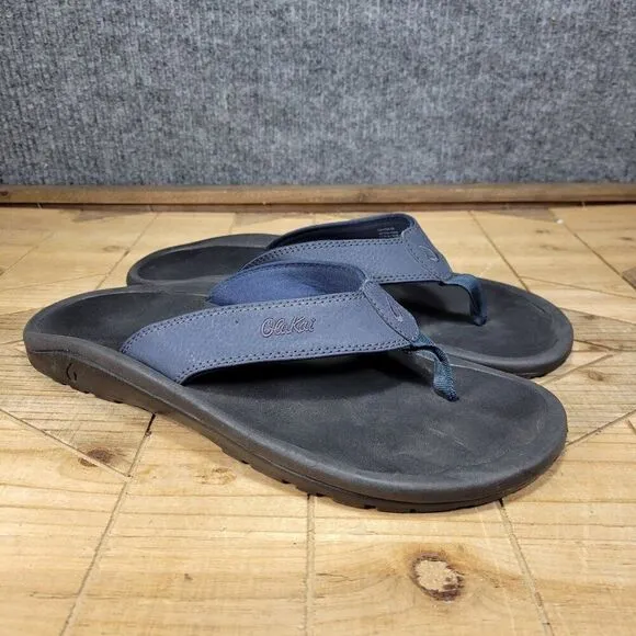🔥 OluKai Ohana Sandals Men 9 M Navy Black Flip Flop Slides Fish Slippers Thong