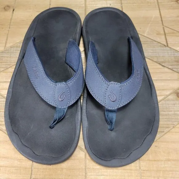 🔥 OluKai Ohana Sandals Men 9 M Navy Black Flip Flop Slides Fish Slippers Thong