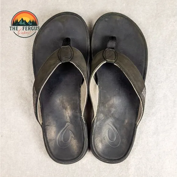 OluKai Tuahine Men's Flip Flop Thong Sandal Black Grey Slip On Men's Size 43