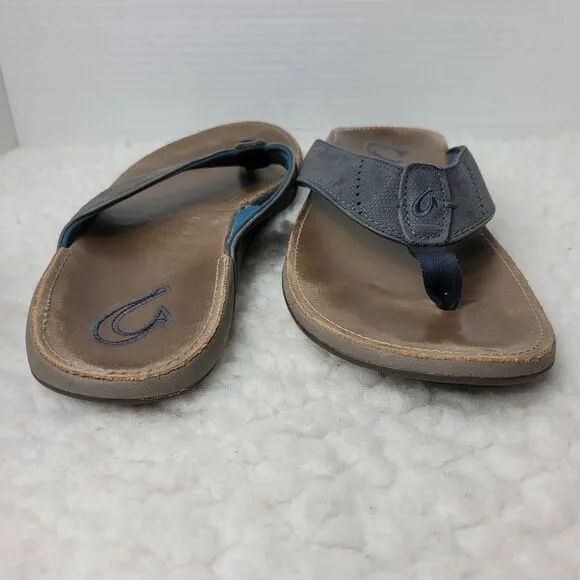 OluKai Nui Sandal Mens Flip Flop Size 12 Tan Gray Leather Sandals