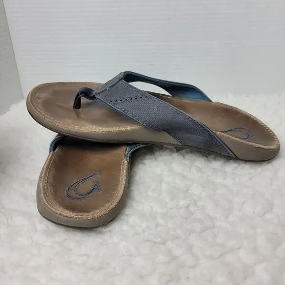 OluKai Nui Sandal Mens Flip Flop Size 12 Tan Gray Leather Sandals