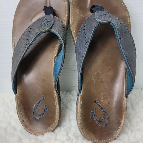 OluKai Nui Sandal Mens Flip Flop Size 12 Tan Gray Leather Sandals