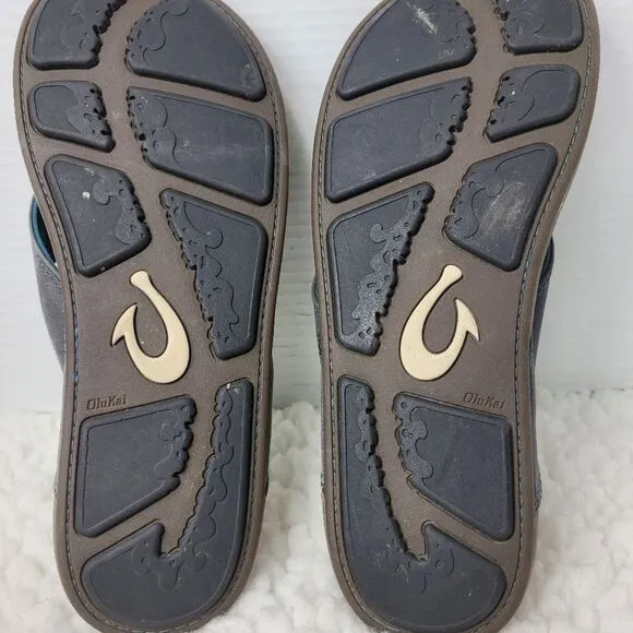 OluKai Nui Sandal Mens Flip Flop Size 12 Tan Gray Leather Sandals