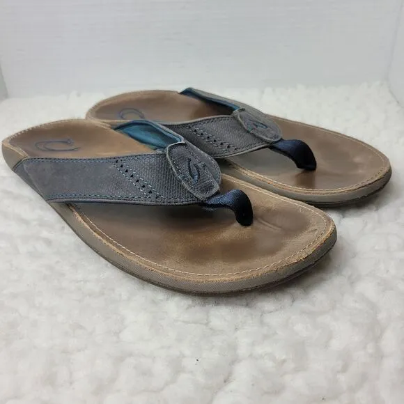 OluKai Nui Sandal Mens Flip Flop Size 12 Tan Gray Leather Sandals