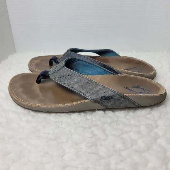 OluKai Nui Sandal Mens Flip Flop Size 12 Tan Gray Leather Sandals