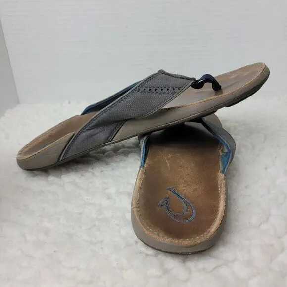 OluKai Nui Sandal Mens Flip Flop Size 12 Tan Gray Leather Sandals