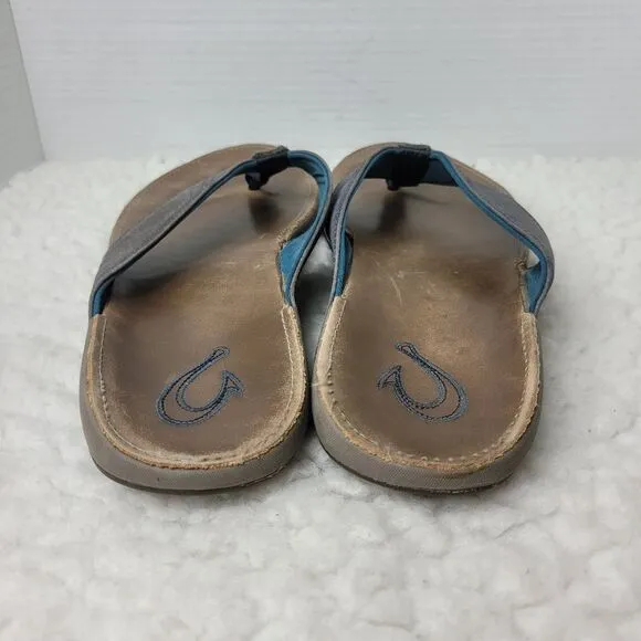OluKai Nui Sandal Mens Flip Flop Size 12 Tan Gray Leather Sandals