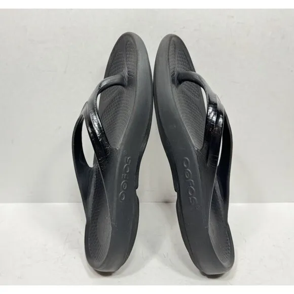 OOFOS Oolala Luxe Matte Black Slide Sandals Flip Flops Women's Size 9
