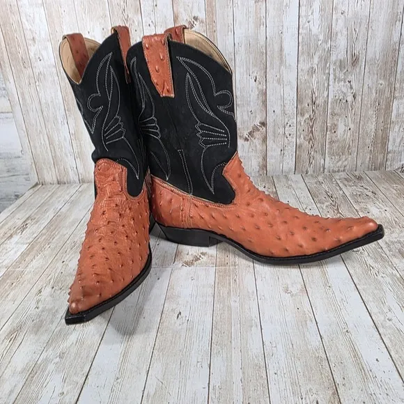 Ostrich Cowboy Boots Exotic Western Leather Pointed Toe Black Details Size?