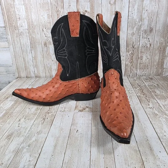 Ostrich Cowboy Boots Exotic Western Leather Pointed Toe Black Details Size?