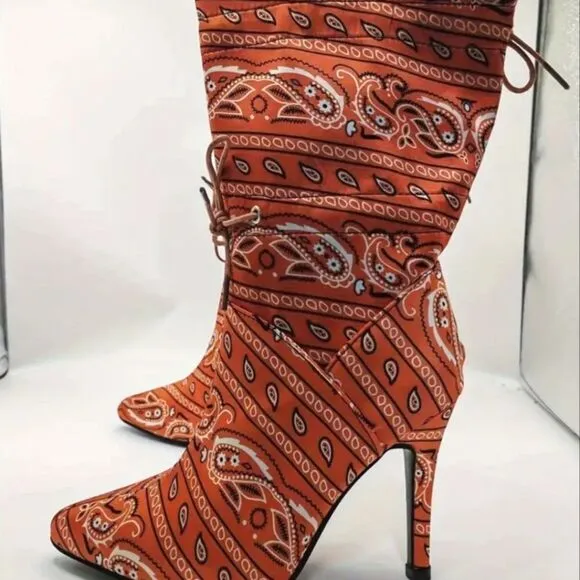 Paisley scarf printed stiletto boots sz 8