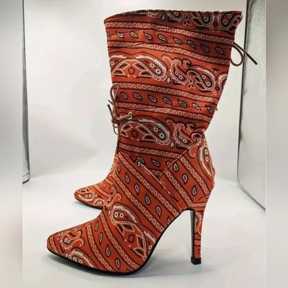 Paisley scarf printed stiletto boots sz 8