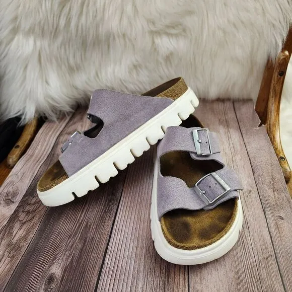 Papillio By Birkenstock Purple Fog Arizona Classic Suede Platform Slides Sz 8