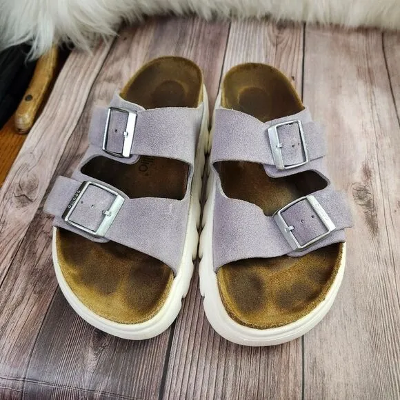 Papillio By Birkenstock Purple Fog Arizona Classic Suede Platform Slides Sz 8