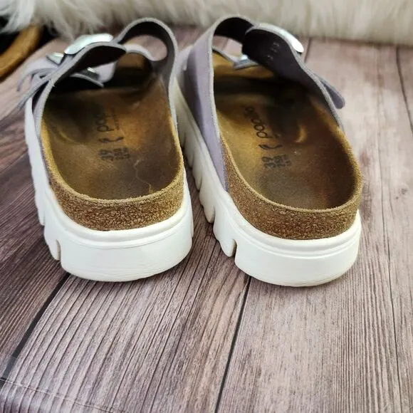 Papillio By Birkenstock Purple Fog Arizona Classic Suede Platform Slides Sz 8