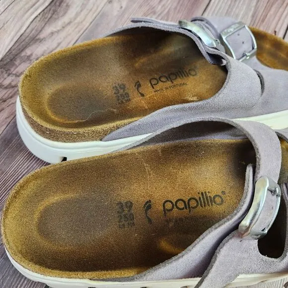 Papillio By Birkenstock Purple Fog Arizona Classic Suede Platform Slides Sz 8