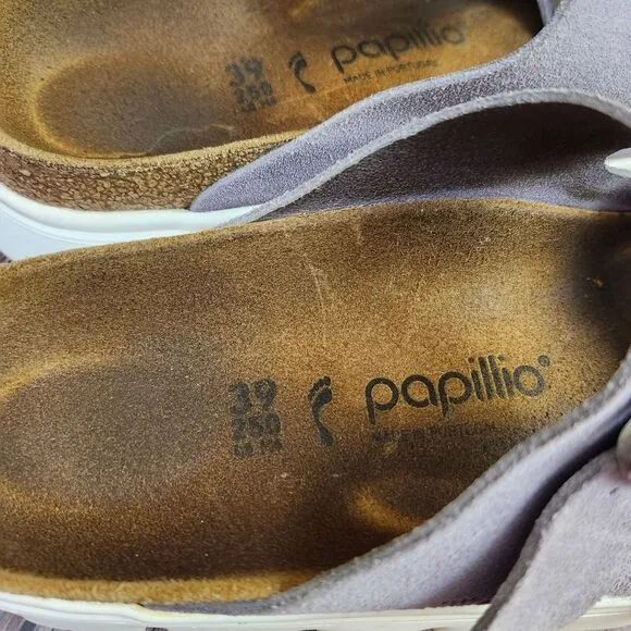 Papillio By Birkenstock Purple Fog Arizona Classic Suede Platform Slides Sz 8