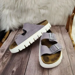 Papillio By Birkenstock Purple Fog Arizona Classic Suede Platform Slides Sz 8