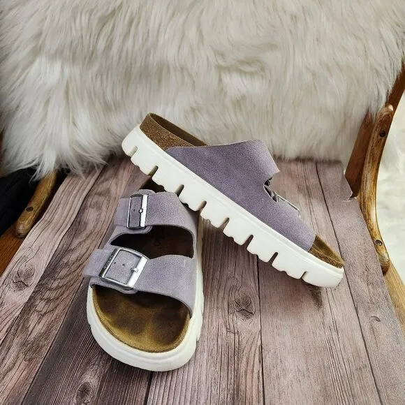 Papillio By Birkenstock Purple Fog Arizona Classic Suede Platform Slides Sz 8