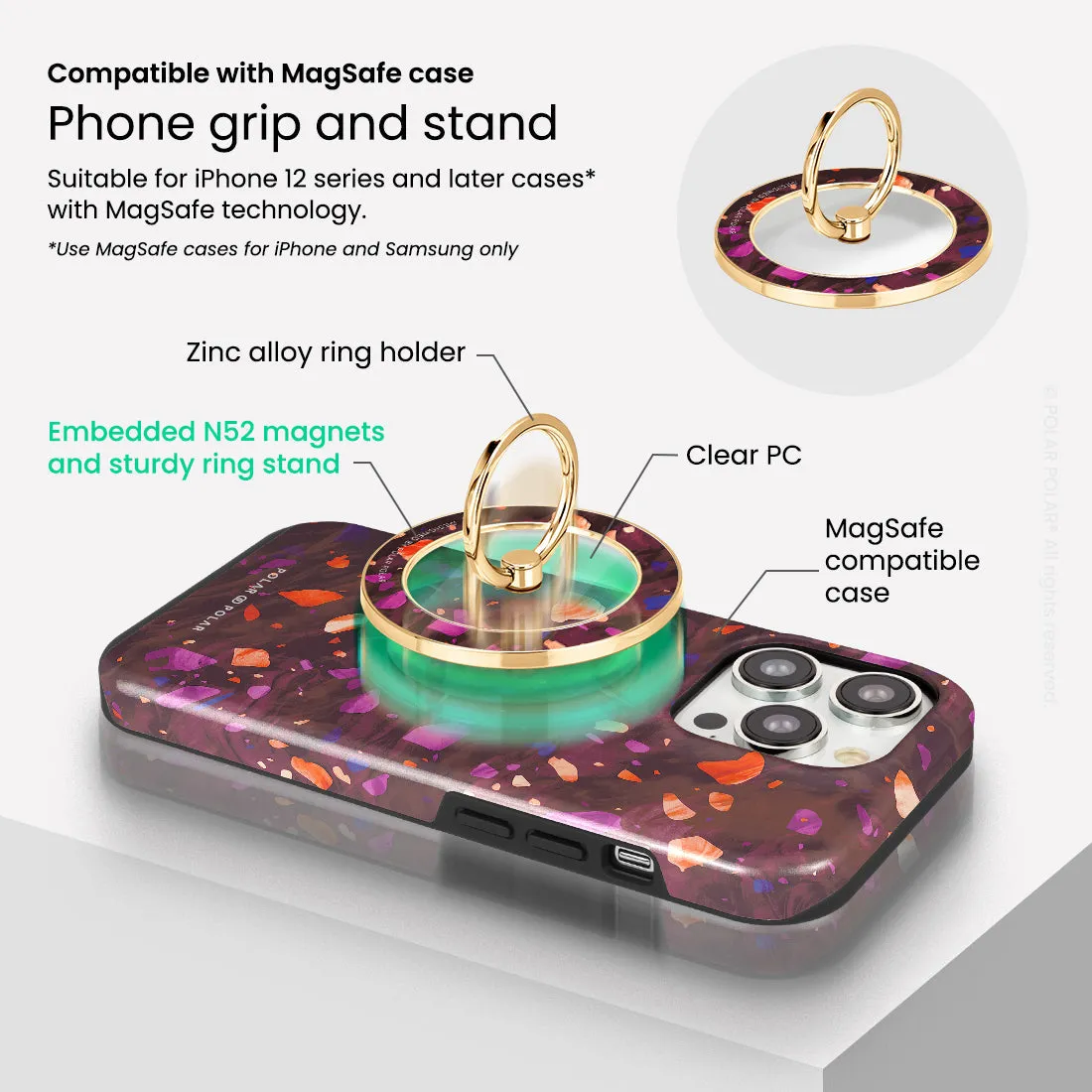 Paprika Terrazzo Gem - Golden MagSafe Phone Grip and Ring Holder Stand