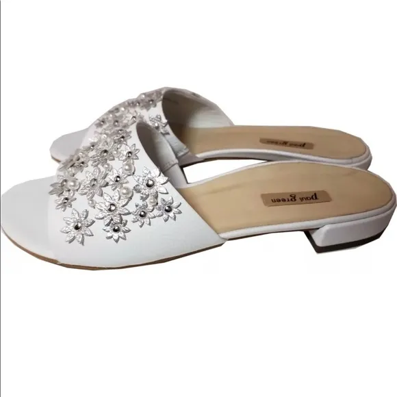 Paul Green Sandals White Leather Pearls Flip Flop