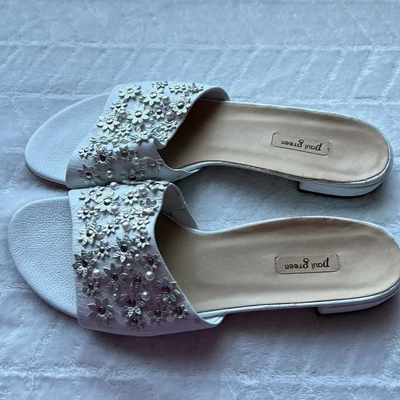 Paul Green Sandals White Leather Pearls Flip Flop
