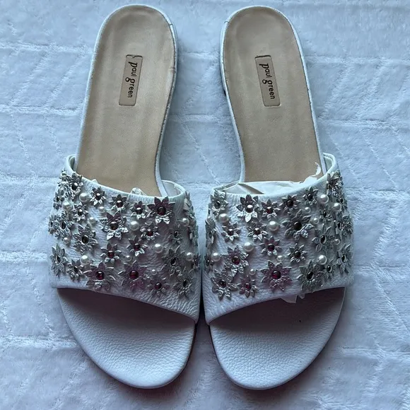 Paul Green Sandals White Leather Pearls Flip Flop