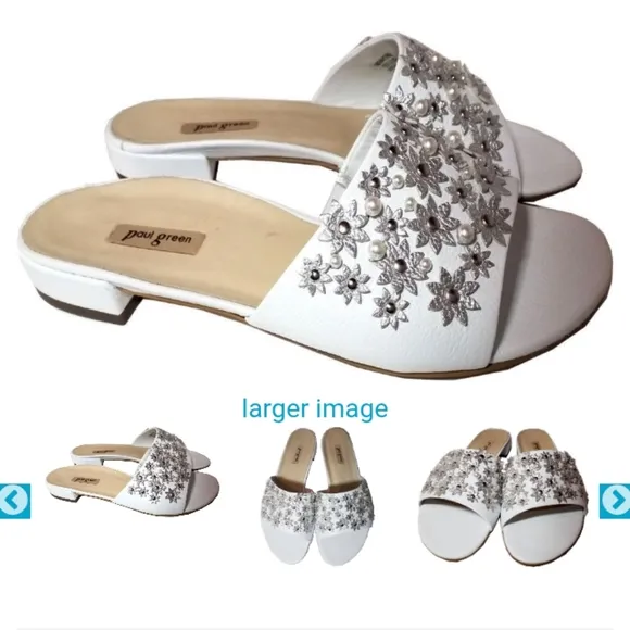 Paul Green Sandals White Leather Pearls Flip Flop